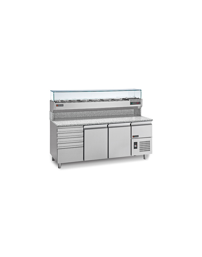 PIZZAEINHEIT - 360 L - 2 TÜR - 5 SCHUBLADEN + 1 NEUTRALE SCHUBLADE / DISPLAY 10 GN 1/3 - 600 x 400
